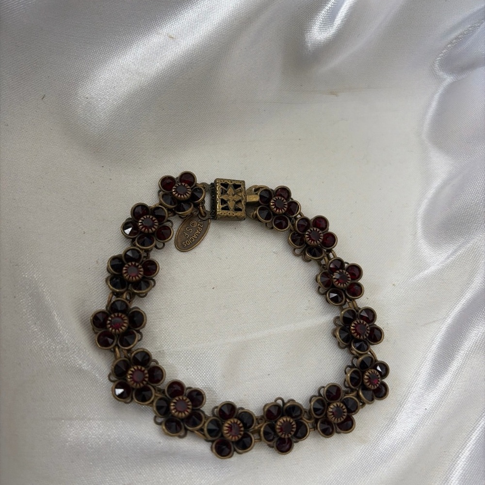 Liz Palacios Ruby Swarovski Crystal Bracelet Floral Bronze-toned Brass Bracelet